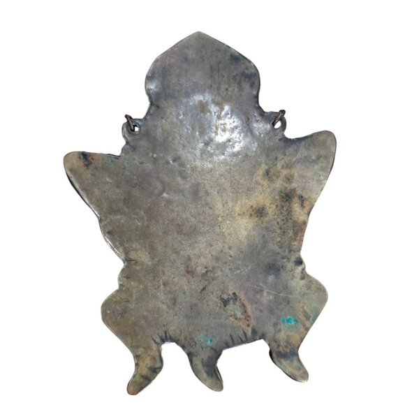 Old Tibetan Brass Pendant Turquoise Coral Inlay Buddhist Figures 3.25" x 2.5" - Picture 2 of 3